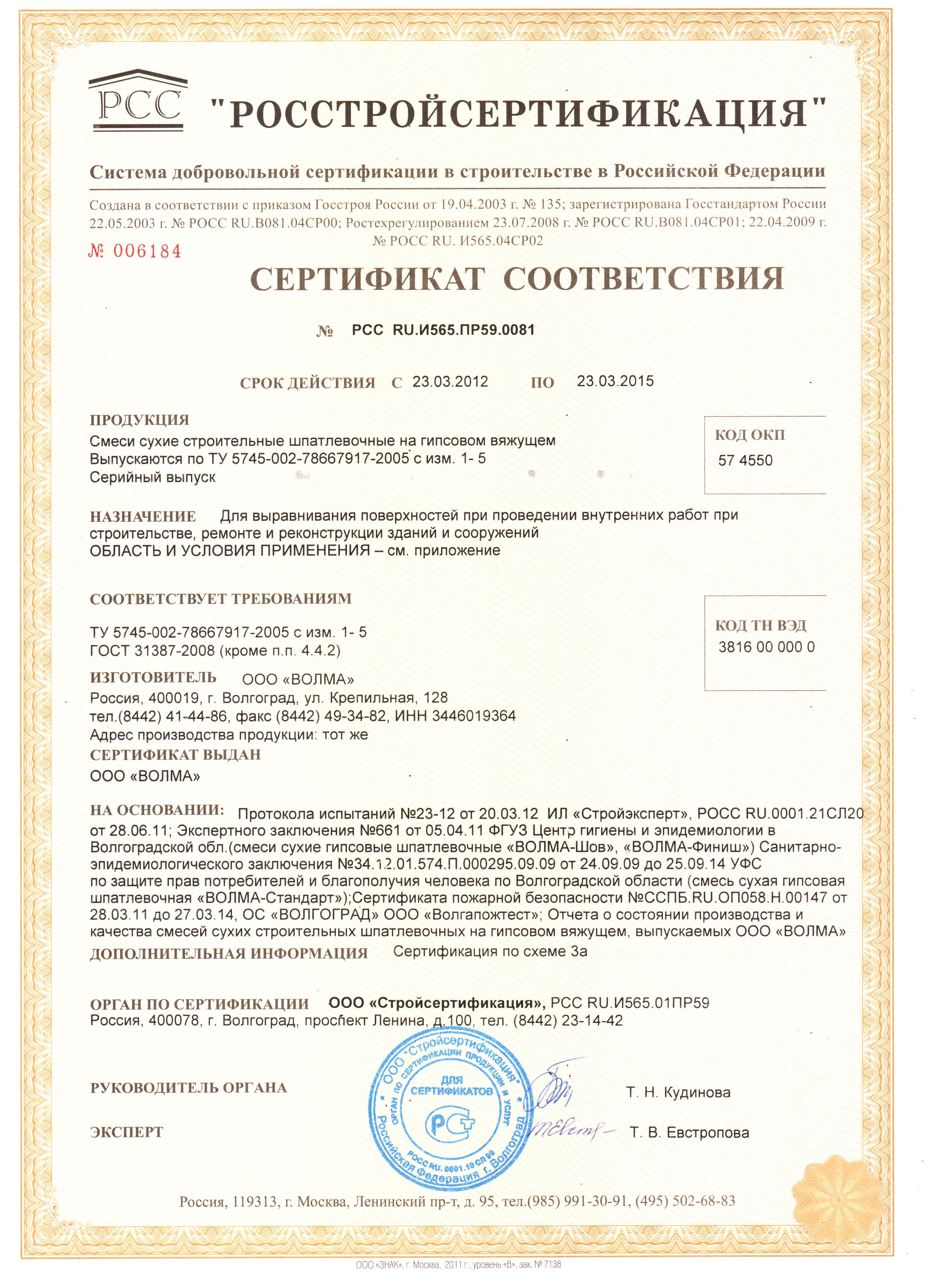 Шпаклевка сертификат